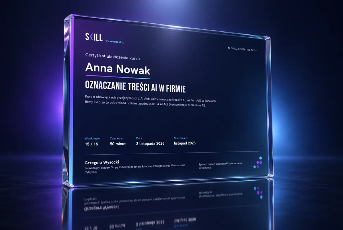 Certyfikat ukończenia kursu Oznaczanie treści AI w firmie na szklanej tabliczce